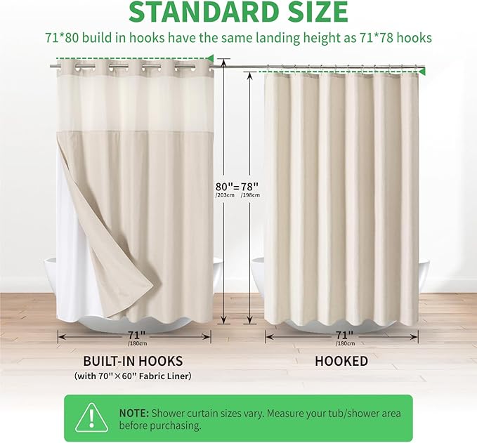 eachope No Hook Linen Texture Shower Curtain with Snap-in Liner,71x80 Cream | 230GSM Thick Fabric,Hotel Luxury Decor,Mesh Top Window,Magnetic Weighted Hem,Waterproof & Machine Washable,for Bathroom