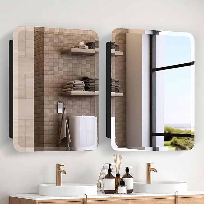 HOUSE REFLECTION 24 x 30 Rectangle Recessed Bathroom Medicine Cabinet – Frameless Beveled Edge Mirror, Adjustable Shelves, Rust Resistant, Durable Wall-Mounted Metal Construction, Black