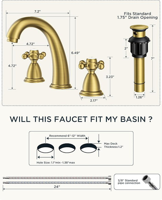 FORIOUS Brushed Gold Bathroom Faucet, Bathroom Sink Faucet 3 Hole with Pop Up Drain and Water Hose Supply, 2 Cross Handle Design, for Vanity RV Farmhouse Sink