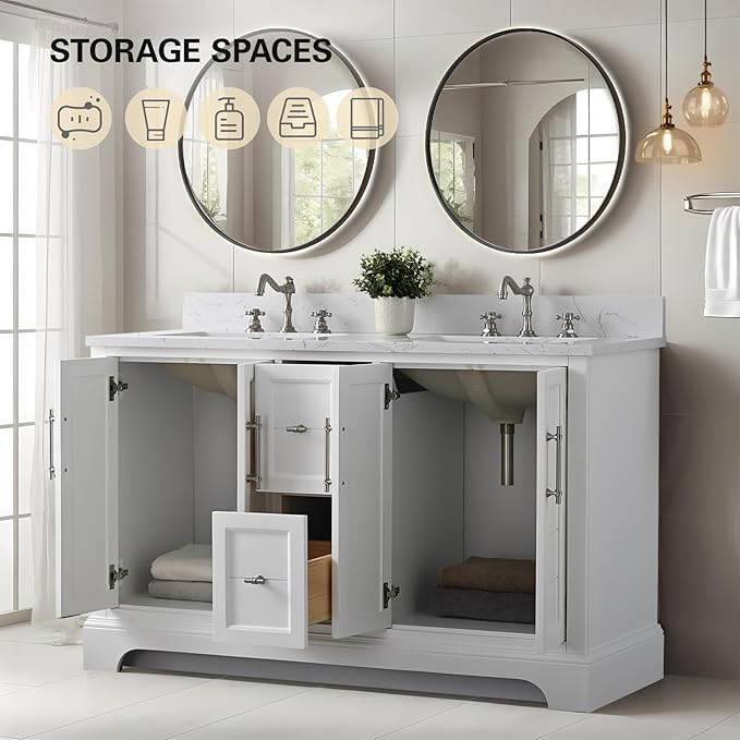 HOMEBEYOND 54 Inch Bathroom Vanity with Double Sink & Ceramic Top, Vanity Cabinet with Center Countertop Basin, Soft-Closing Doors, Backsplash, White