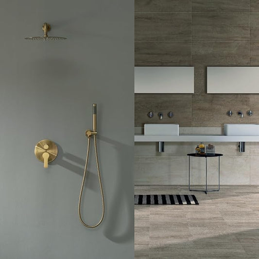 Iriber Brushed Gold Shower System Wall Mounted Shower Faucet Mixer Set with 10 Inches Rain Shower head and Handheld, Bathroom Shower Trim Kit Contain Pressure Balance Valve Cartridge