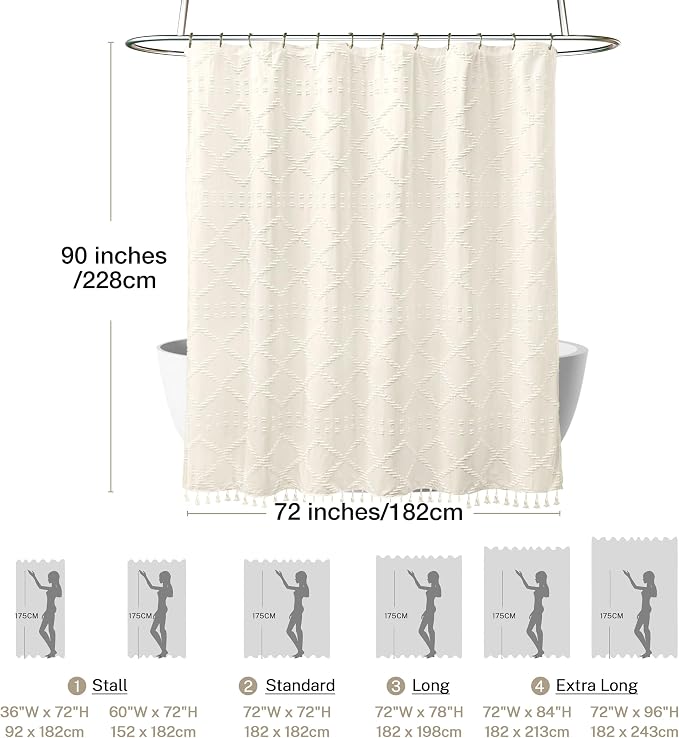 Siiluminisoy Extra Long Cream Boho Shower Curtain Woven Fabric Cute 90 Inch Shower Curtain, 72 x 90 Tufted Chevron Textured Striped Modern Farmhouse Minimalist Cloth Shower Curtain for Bathroom
