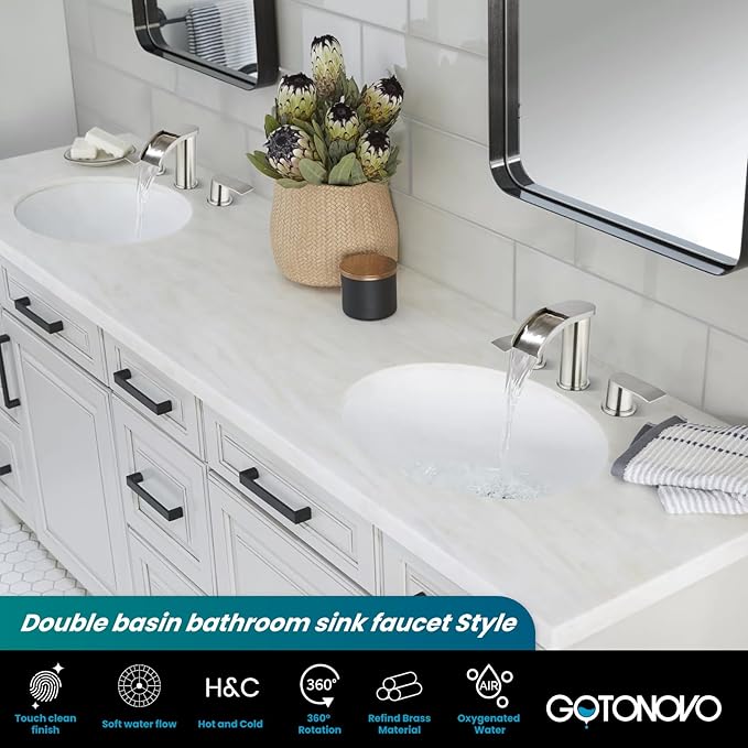 gotonovo Waterfall Bathroom Faucet 3 Hole Round Body,Brushed Nickel | SUS304 8’’ Widespread Bathroom Sink Faucet,2.17’’ Wide Spout,24’’ cUPC Hose,Pop Up Drain,2 Handle,Vanity,Lavatory,Basin,RV