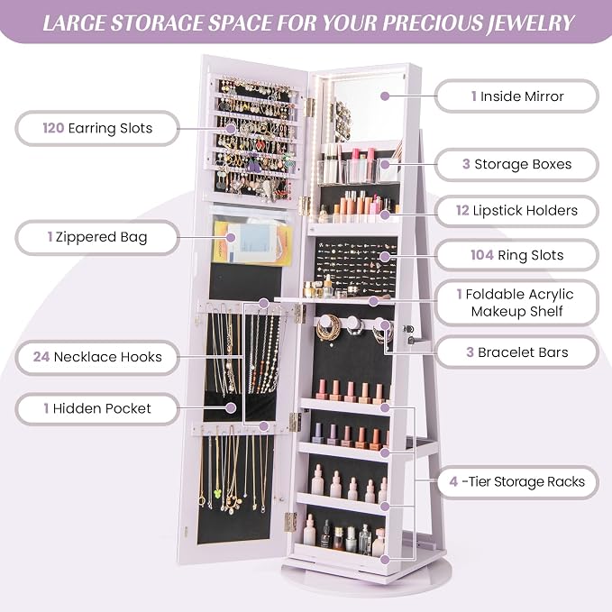 MAT EXPERT 360° Rotating Jewelry Armoire, Lockable Freestanding Jewelry Organizer w/Full-length Mirror, 3-Color LED Lights, Rear Storage Shelves, Mirror Jewelry Cabinet for Bedroom (Lavender)