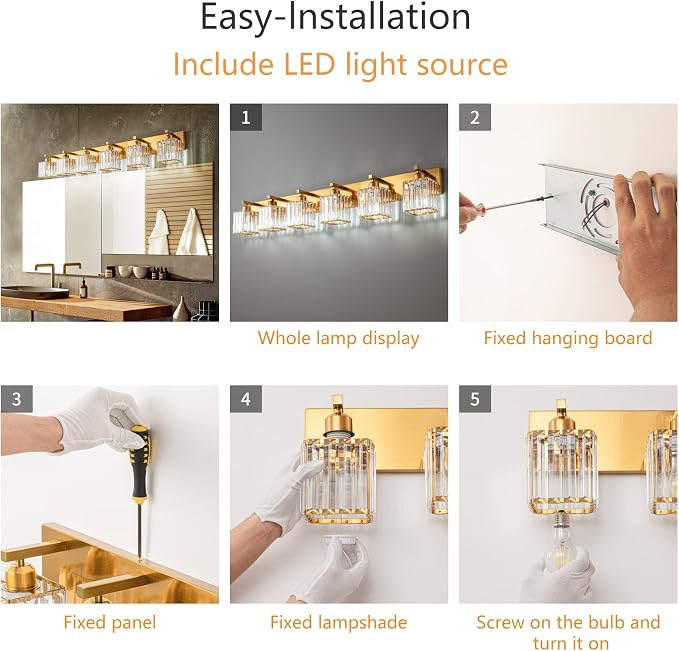 Modern 6-Light Gold Brushed Brass Finish Crystal Wall Light for Bathroom Vanity