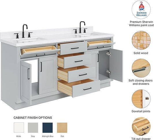 DKB Isabella 72 Inch Bathroom Vanity Double Sink — Grey Bathroom Vanity with Sink, 1.5" Edge Carrara White Quartz Countertop & Backsplash, 4 Soft-Close Doors, 4 Dovetail Drawers, and 2 Tilt Drawers