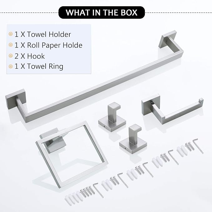 Towel Bar Set 5 Pieces Brushed Nickel Bathroom Hardware Set|Stainless Steel Wall Mounted 23.6-Inch Towel Rack