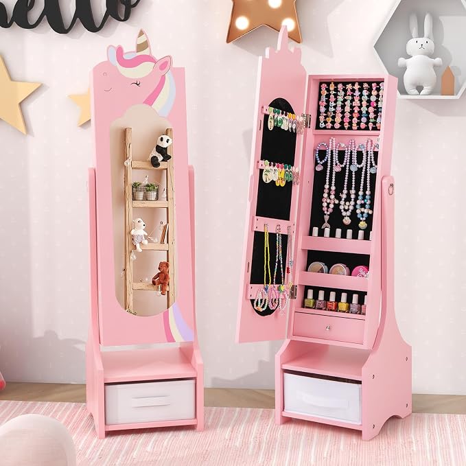 CHARMAID Kids Mirror Jewelry Cabinet - 45.5'' Full Length Mirror with Jewelry Storage, Standing Jewelry Armoire with Drawers, Kids Jewelry Organizer Box Vanity Dressing Mirror for Girls (Pink)