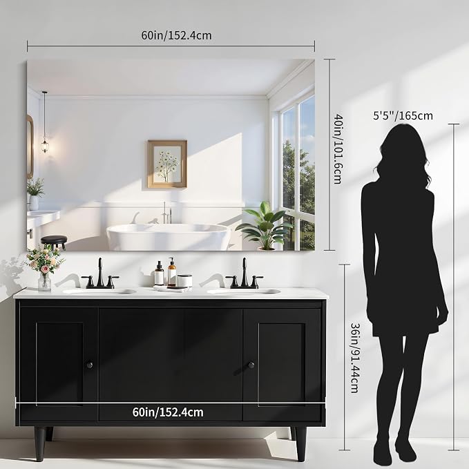 KOCUUY Frameless Mirror, 60"x40" Bathroom Mirror for Over Sink, Upgraded Shatterproof, Large Rectangle Unframed Mirror for Wall, Bathroom, Bedroom, Living Room, Entryway, Hang Horizontal/Vertical