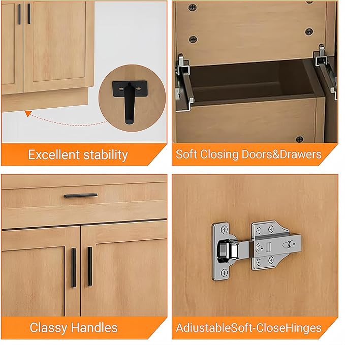 48Inch Bathroom Vanity with Sink, 6 Drawers & Soft-Close Doors, Integrated Ceramic Top, Thickened Panels & Reinforced Wooden Frame, Freestanding Bathroom Storage Cabinet(Natural Oak)