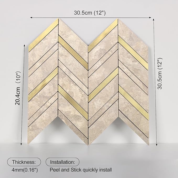Yipscazo 10-Sheet Herringbone Peel and Stick Backsplash, Beige Stone Mixed Metal Gold PVC Stick on Tiles for Kitchen, Waterproof Self Adhesive Wall Tiles for Bathroom