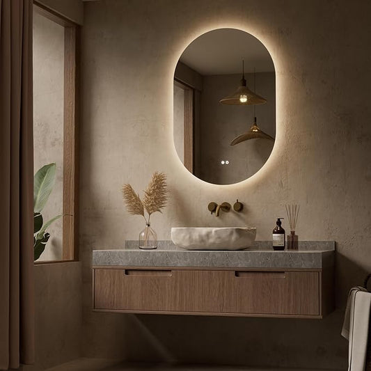 Keonjinn 24 x 36 Inch Oval LED Mirror with Backlit, Pill-Shaped Backlit Mirror Bathroom with HD Tempered Glass, UL-Listed Driver, 3000K/4500K/6500K, Defogging, Lighted Mirrors for Bathroom Wall