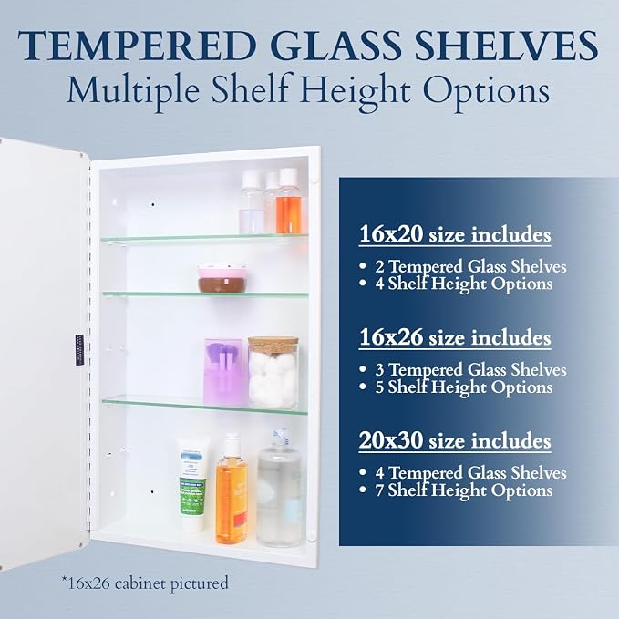 20x30 Austin Farmhouse Metal Framed Rounded Rectangle Recessed Bathroom Medicine Cabinet, Beveled Mirror, 18x28 in-Wall Opening, powder-coated Steel, Adjustable Glass Shelves, Magnet Close, Chrome