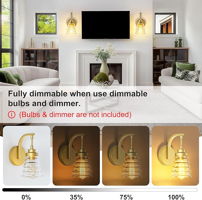 Gold Bathroom Wall Sconce, Brass Wall Light Fixture with Glass Shade