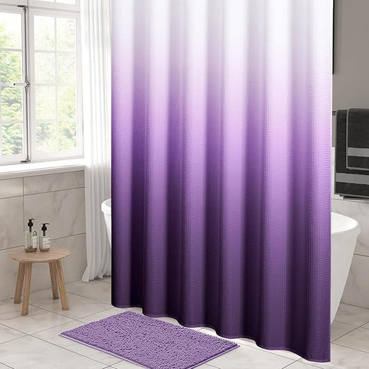 MitoVilla Purple Ombre Shower Curtain 72 x 78, Long Waffle Fabric Shower Curtains for Modern Luxury Bathroom Decor, Heavy Duty Hotel Cloth Shower Curtains 78 inch Long