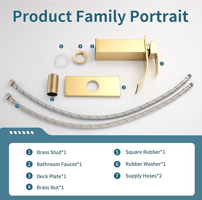 sagetta Waterfall Bathroom Sink Faucet Single Hole Faucet with Three Hole Cover Deck Plate, Pop up Drain and Water Hoses Stainless Steel Vanity Gold Color