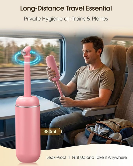 Portable Bidet for Travel & Camping - Manual Squeeze Handheld Peri Bottle for Feminine Hygiene, 3 Leak-Proof Seals, Extendable Sprayer with Rotating Nozzle for Men & Women (Upgrade Pink, General)