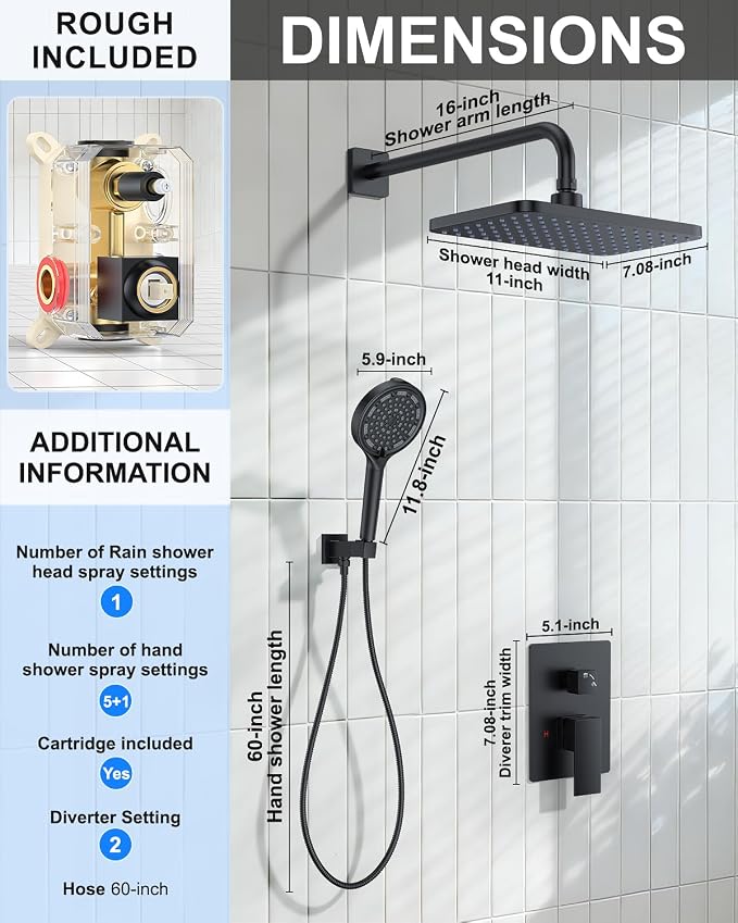 Matte Black 11-Inch Rainfall Shower System – Premium Filtered Handheld Sprayer & Fixed Shower Head, Complete Bathroom Set Faucet Mixer Trim & Valve