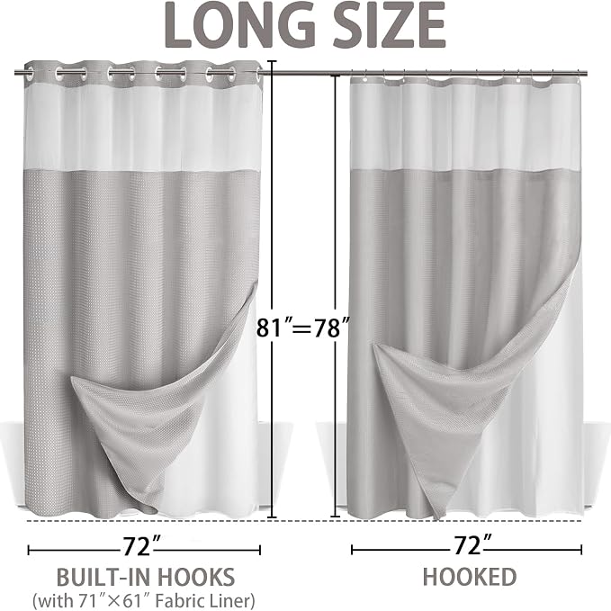 No Hook Shower Curtain with Liner Set Hotel Waffle Light Grey 72W X 81L | Washable Snap in Fabric Liner, Mesh Top Window, Waffle Hotel Style Shower Curtain Set