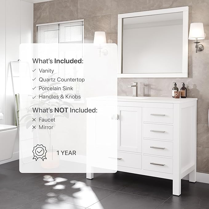 Eviva London 42 in. White Single Sink Bath Vanity with Carrara Quartz Top and Left Porcelain Sink