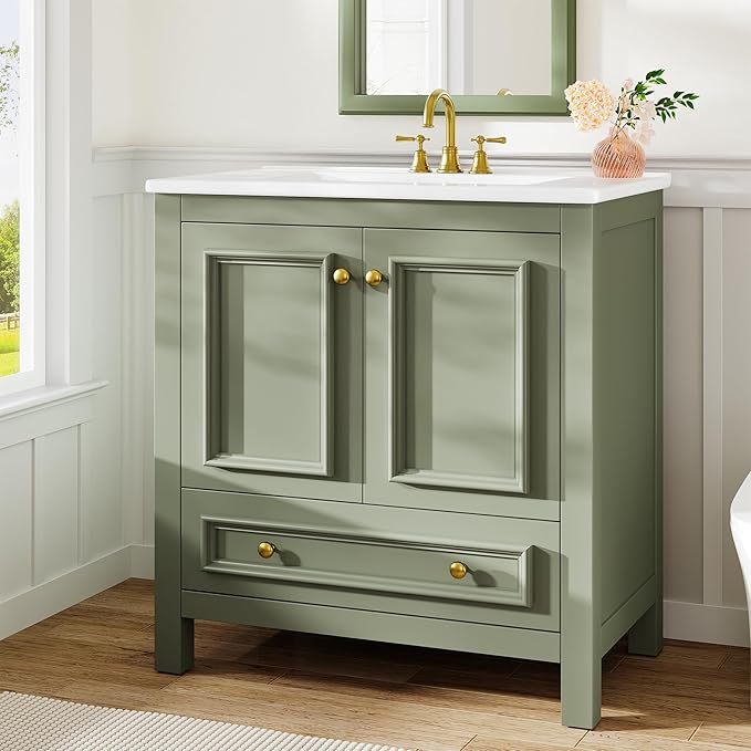 Tribesigns 30" Modern Bathroom Vanity with Sink, Freestanding Bathroom Vanities Cabinet with Ceramic Basin Combo, Bathroom Sink Cabinet with 2 Doors and 1 Drawer, Solid Wooden Frame, Olive Green