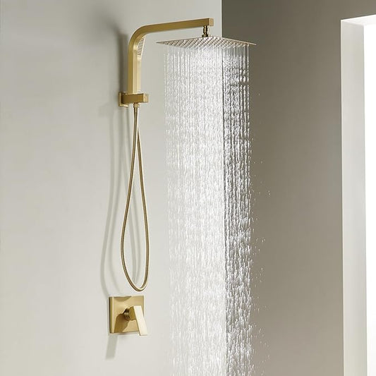 Brushed Gold Shower System with 10Inch Rain Shower Heads with Handheld Spray Combo, Gold Shower Faucet Set with Rain Shower and Handheld, Gold Shower Head and Handle Set(Shower Valve Kit Included)