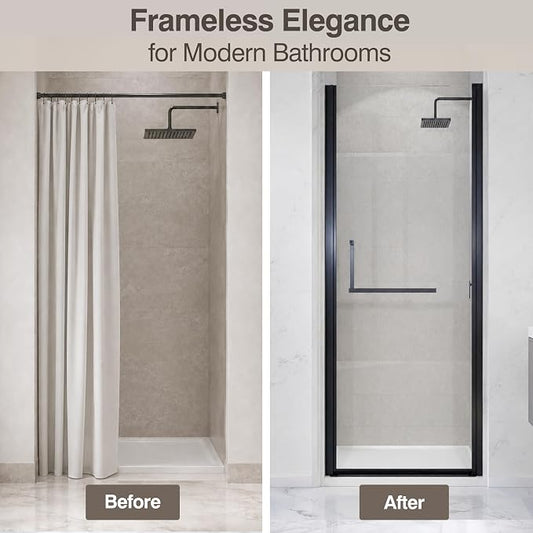 28-29.2" W x 72" H Single Frameless Pivot Swing Shower Door | 1/4" Clear SGCC Tempered Glass with a 24.1" walk-in opening, Matte Black Finish, Adjustable Width, Reversible Installation