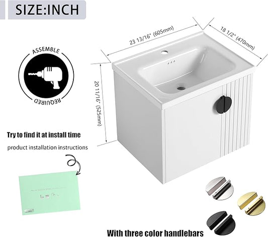 24 Inch Bathroom Vanity with Sink, 24" Floating Vanity with White Glossy Ceramic Sink, Plywood Wooden Bathroom Cabinet with Soft-Close Doors, Modern Wall Mounted Cabinet Set (White)