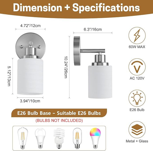 2-Pack 1-Light Vanity Lights, Brushed Nickel Bathroom Light Fixture with Textured Milky White Glass Shade, E26 Modern Vanity Lighting Fixture for Bathroom Wall Sconce