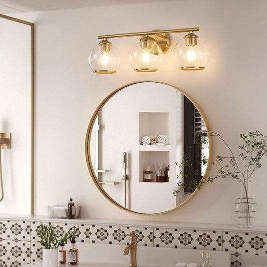 Brushed Gold Bathroom Vanity Light Over Mirror, 3 Light Bathroom Light Fixtures with Clear Globe Glass Shade, Modern Vanity Lighting Wall Mounted