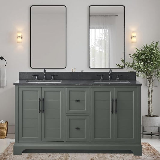HOMEBEYOND 60 Inch Bathroom Vanity with Double Sink & Ceramic Top, Vanity Cabinet with Center Countertop Basin, Soft-Closing Doors, Backsplash,Vintage Green