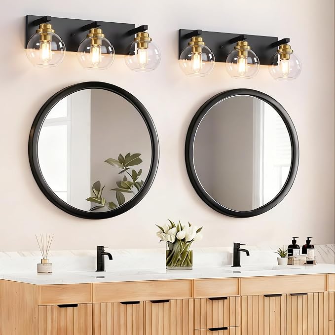 LmnLvn Bathroom Light Fixtures, Farmhouse Black & Gold Metal with Globe | 3-Light Rustic Vanity Lights,Easy To Install, Mounted Over Mirror for Bathroom, Bedroom & Hallway