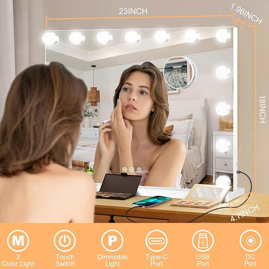Moonee Vanity Mirror with Lights, Hollywood Lighted Makeup Mirror with 15 Dimmable Bulbs and 10X Magnification, 3 Colors Modes, Light Up Mirror, Gifts for Women, Girls,Dorm Room Essentials(23" x 18")