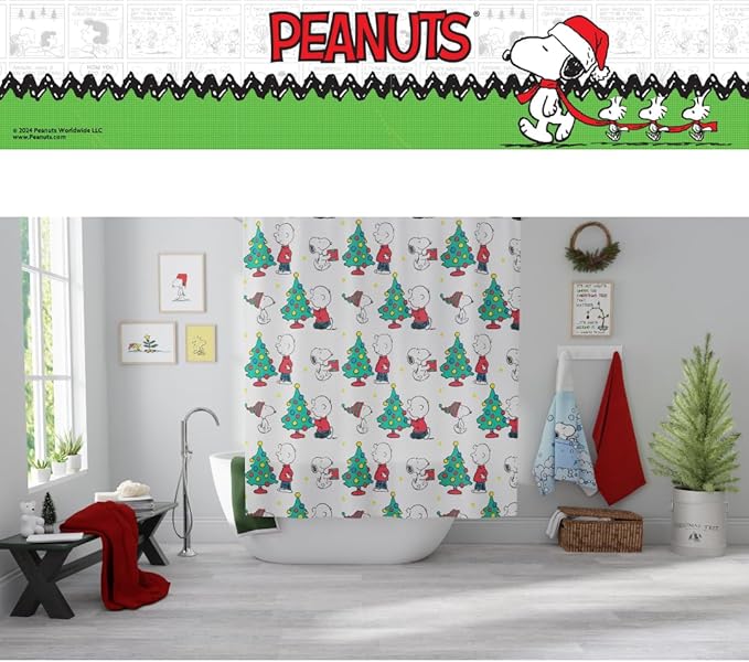 Peanuts Holiday Christmas 13-Piece Shower Curtain Set, 72 x 72 Inch Fabric Curtain with Hooks, Bathroom Decor, Machine Washable, (100% Officially Licensed Product) by Franco Collectibles