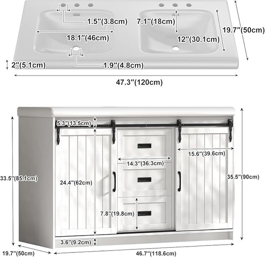 48 inch Bathroom Vanity with Sink,Farmhouse Bathroom Vanity,Double Bathroom Vanity with Sink Combo,2 Sliding Doors&2 Drawer,White,48”*19.7“*35.5”