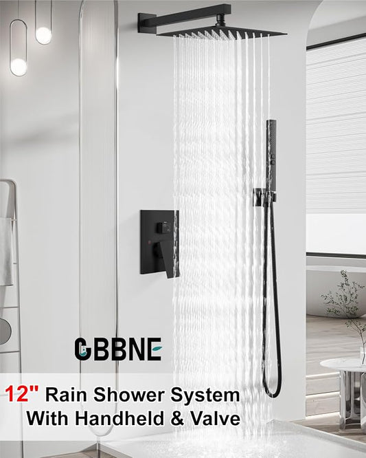 Shower Faucet Set 12-Inch Rain Shower System Matte Black | Square SUS304 Shower Head, Dual-Mode Hand Spray, 59-Inch Hose and Brass Rough-In Valve for a Complete Wall-Mount Installation