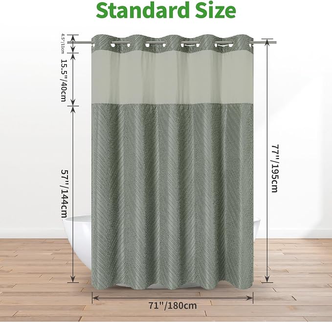 eachope no Hook Shower Curtain and Liner Set,Boho Style with See Through Top Window, SageGreen Fabric Tufted Striped Textured Outer Curtain & Waterproof Inner Liner, SageGreen, 71Wx77H