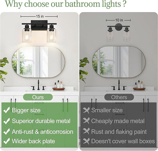 Indoi 2-Light Bathroom Light Fixtures, Matte Black Modern Vanity Lights with Clear Glass Shades, Bathroom Wall Lamp for Mirror Living Room Cabinet Bedroom Porch