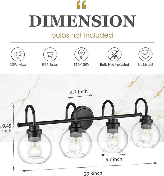 Bathroom Light Fixtures, 4-Light Matte Black Vanity Lights with Globe Clear Glass, 30 Inch Modern Vanity Lighting Fixtures Over Mirror, AD-22280-4W-BK