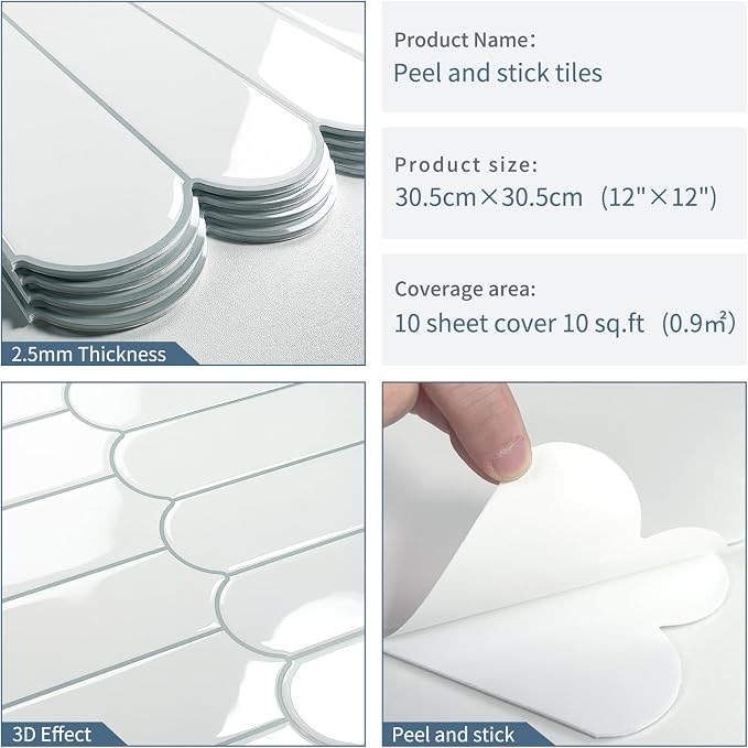 White Peel and Stick Backsplash Self Adhesive Wall Tiles 10-Sheet | Thick,Sticky,for Kitchen,Bathroom,Laundry,Sink,12"×12"
