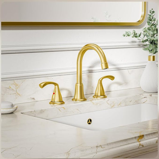8 Inch 3 Hole 2 Handle Widespread Brushed Gold Bathroom Sink Faucet, Modern Bathroom Faucet with Metal Pop up Drain and Water Supply Lines, WFJC180-BG