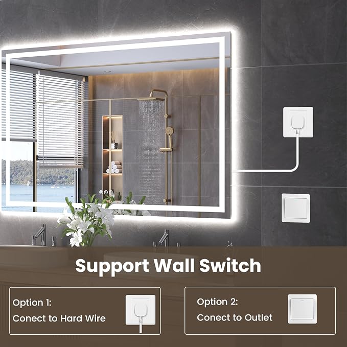 Snowdool 60 x 24 in LED Bathroom Mirror, Front and Backlit, Anti-Fog | Front and Backlit, 3 Color Temperatures, Anti-Fog, Tempered Glass