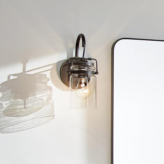 Kichler Brinley 11.5" Wall Sconce in Olde Bronze®, 1-Light, Vintage Wall Mount Light with Clear Glass, (11.5" H x 5" W), 45576OZ | Mason jar clear glass adds warm ambient light for hallways, bathrooms and bedrooms, 45576OZ