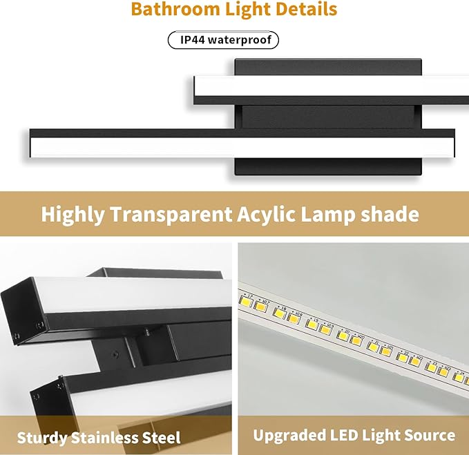 Bathroom Light Fixture Over Mirror 5CCT LED Retractable Vanity Light Bar | 24 Inch Modern Dimmable Black Bathroom Lamp IP44 25W 2200LM - Wall Light Fixture ETL Certified (1 Pack)