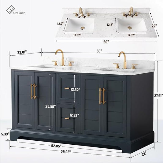 HOMEBEYOND 60 Inch Bathroom Vanity with Double Sink & Ceramic Top, Vanity Cabinet with Center Countertop Basin, Soft-Closing Doors, Backsplash, Vintage Spruce Blue