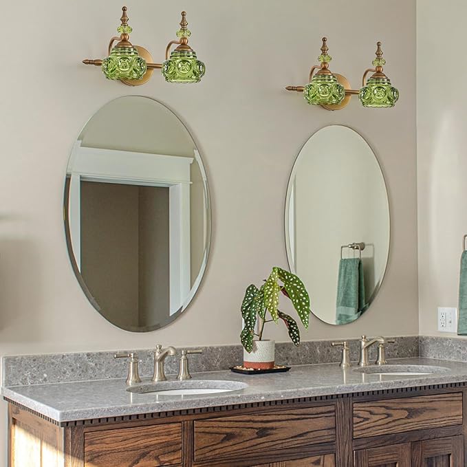 Vintage Vanity Light Fixtures, Green 2-Light Bathroom Lighting, Vintage Wall Sconce with Crystal Glass Shade Rust-Proof and Durable for Bathroom Bedroom Living Room Hallway