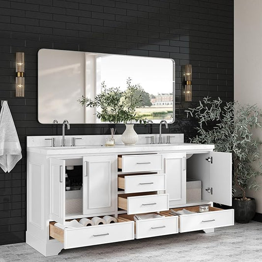 ARIEL Stafford 72-inch Bathroom Vanity with Sink,Solid Wood, 1.5-inch Carrara White Quartz Countertop, Double Rectangular Porcelain Sink, 4 Soft Closing Doors, 6 Dovetail Drawers, White