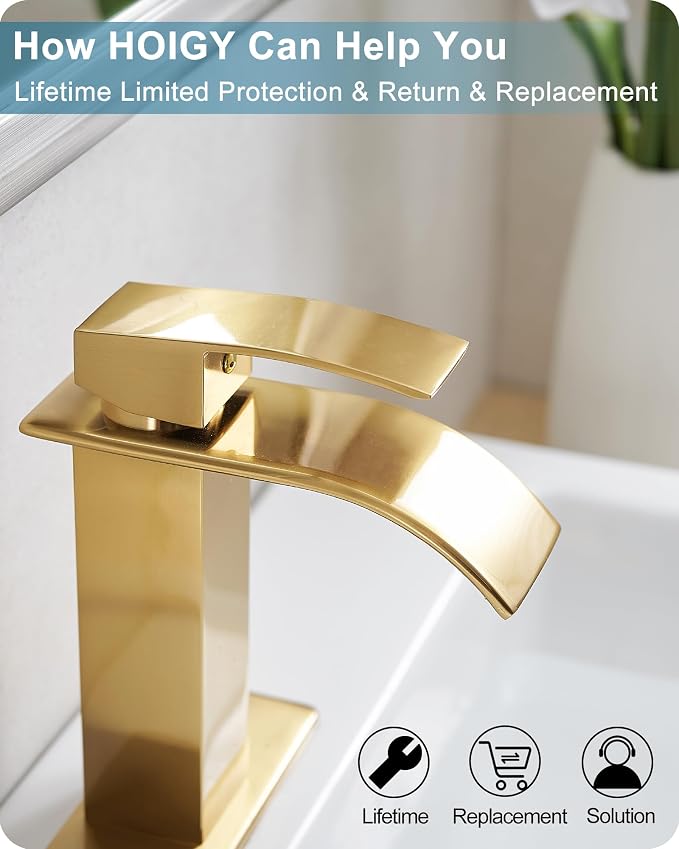 Gold Bathroom Faucet Waterfall, Brass Bathroom Faucets Single Hole or 3 Hole 4 Inch, Single Handle Bathroom Sink Faucet with Deck Plate & Drain