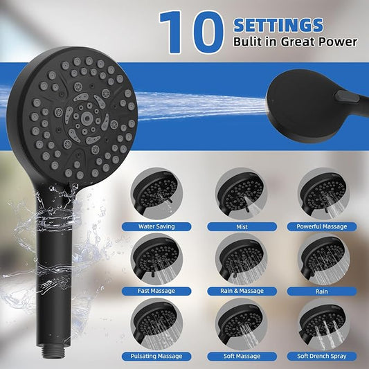 10" Metal Rainfall Shower Head with 10-Mode Handheld, Matte Black | NSF/ANSI/CAN 372 Certified, High Pressure Showerhead Combo with 11" Adjustable Shower Arm, 71" Hose, Shower Head Holder