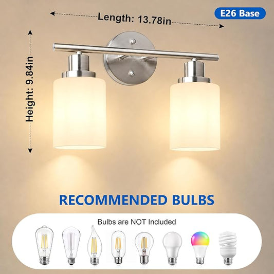 2 Light Bathroom Light Fixtures, Modern Vanity Lights with Milky White Glass Shade, Brushed Nickel Wall Lamp Over Mirror for Bathroom, Living Room, Cabinet, Bedroom, E26 Base